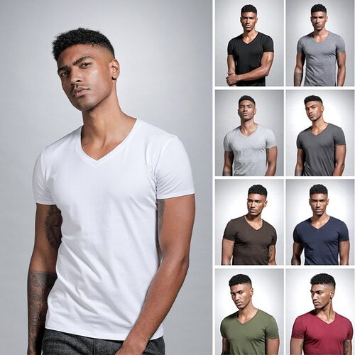 Solid lor V-neck White T-shirt Tight Men's Short-sleeved Chi
