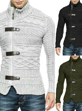 2025 Turtleneck Men's Leather Buckle Knitted Cardigan Jacket