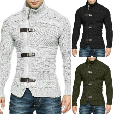 2025 Turtleneck Men's Leather Buckle Knitted Cardigan Jacket