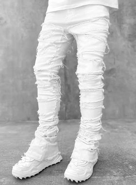 igh Sreet White en's Staed Jeans Sretched atchwork assel Dam