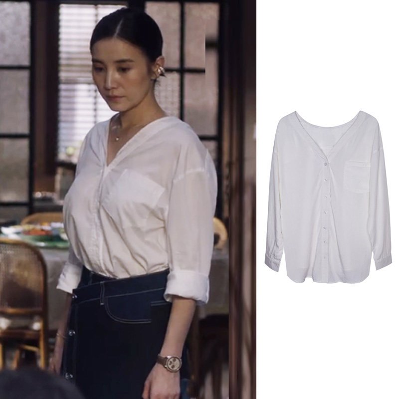 小舍得南俪宋佳同款衣服衬衣女夏薄款长袖v领上衣宽松白色女衬衫t