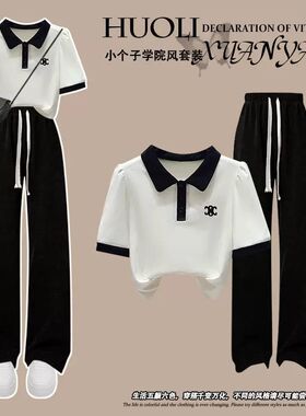 女童夏装2025新款套装洋气时髦大童短袖学生学院风时尚运动阔腿裤