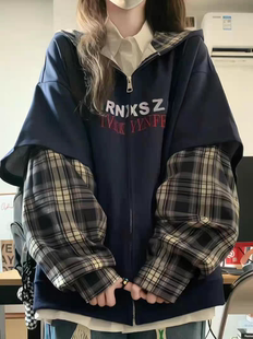 女童秋季新款2025外套假两件拉链开衫连帽卫衣初中学生休闲百搭潮