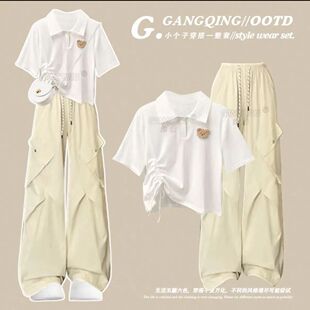女童夏季2026新款套装洋气时髦短袖初中学生多巴胺炸街阔腿裤两件