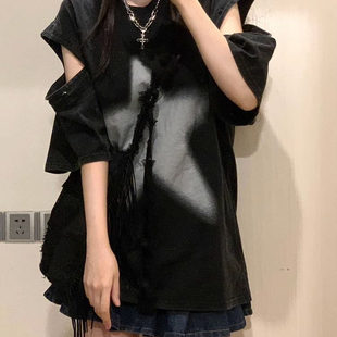 女童夏季短袖2026新款洋气美式百搭初中大童宽松黑色超酷炸街上衣