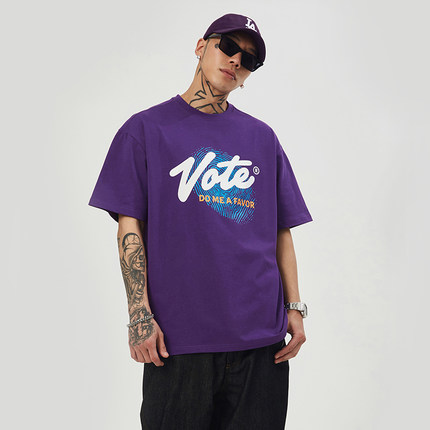 VOTE21SS原创国潮潮牌紫色指纹短袖嘻哈宽松版型t恤男