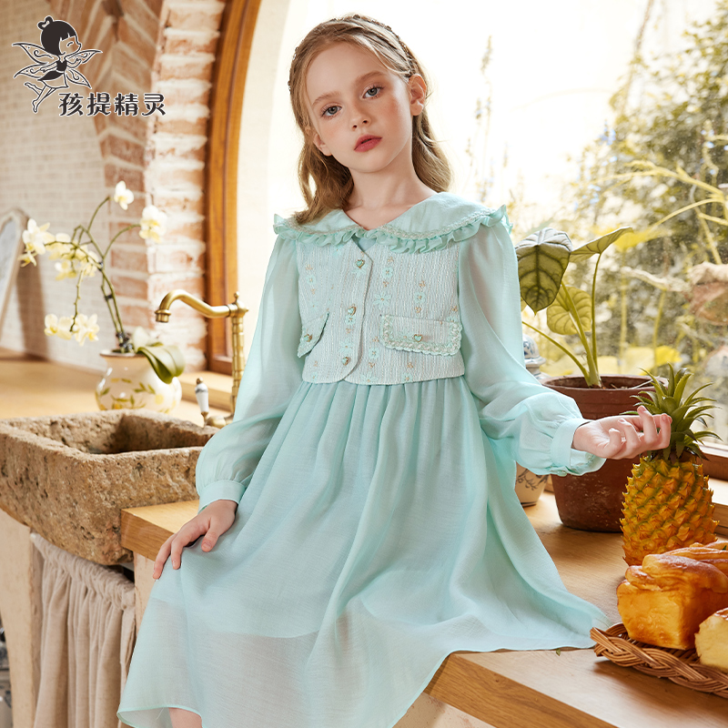 小香风假两件刺绣大翻领木耳边