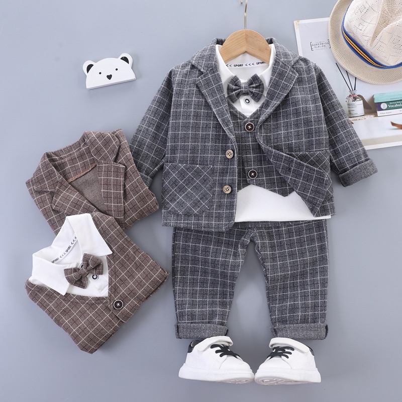 西装三件套中小童男童套装秋装领结西装马甲格子西服开衫外套