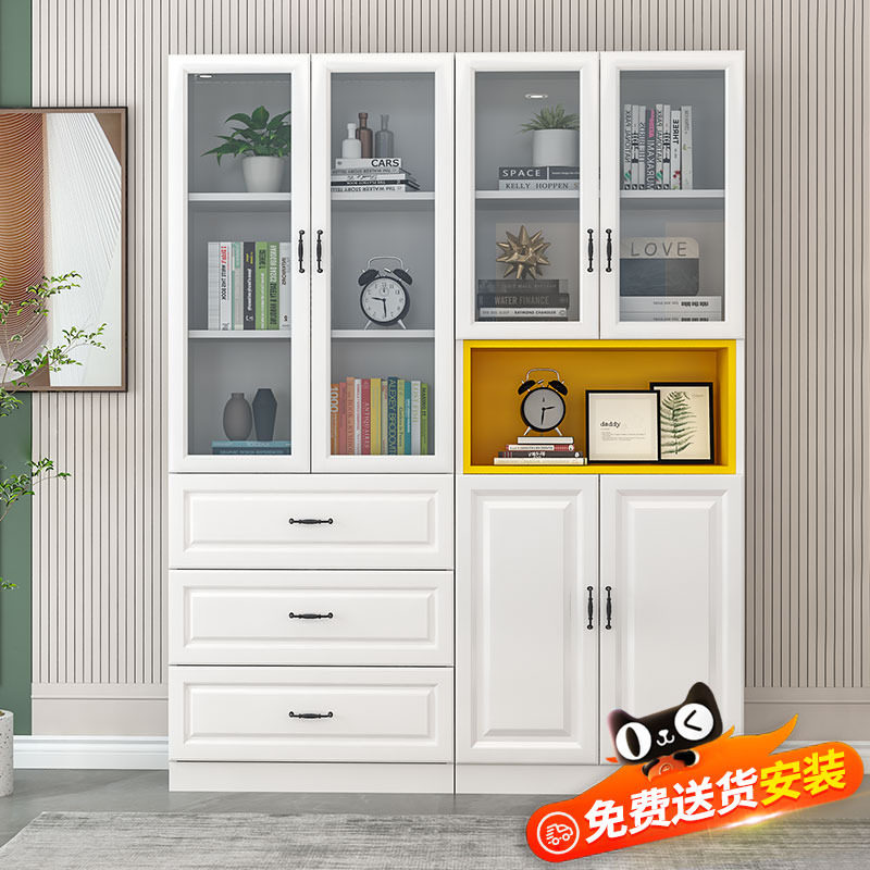 书柜书架自由组合欧式现代简约带玻璃门落地展示柜收纳柜实木书橱