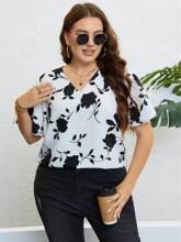 plus size women clothes tops 夏季大码女装 印花V领宽松上衣