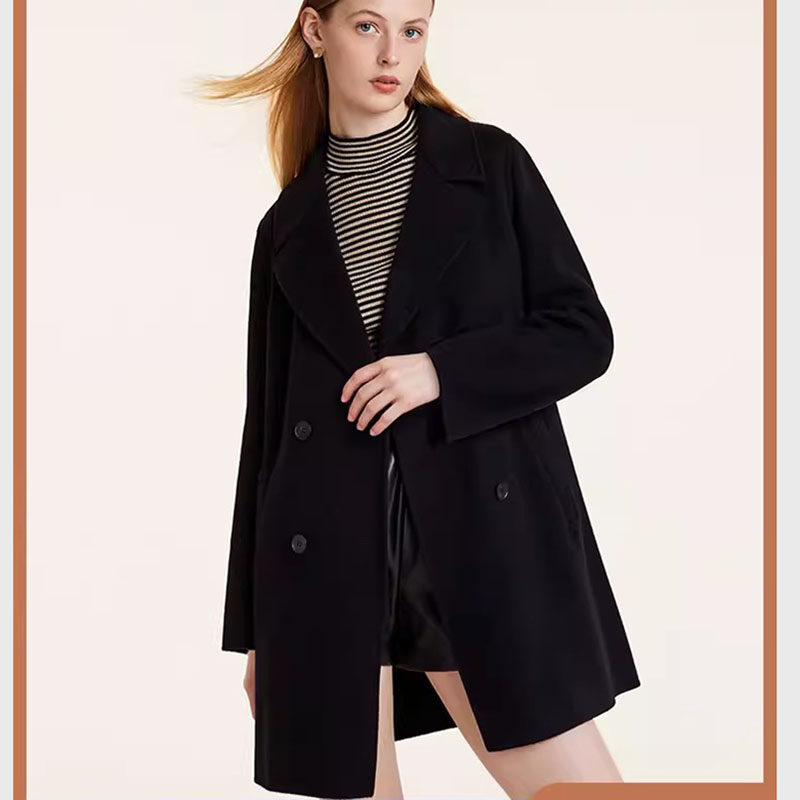 现货 2023冬季新款歌莉娅双面呢羊毛大衣女中长款羊绒毛呢外套黑