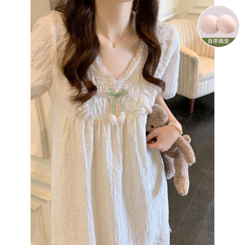 英国RMXJ带胸垫睡裙女甜美公主风花边短袖夏季纯棉睡衣裙家居服