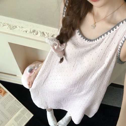 英国RMXJ 粉色ins波点背心棉纱中长款睡裙女夏圆领无袖家居服