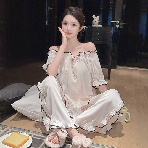 英国RMXJ法式睡衣女夏季薄款冰丝透气亲肤凉感一字肩女士家居服薄