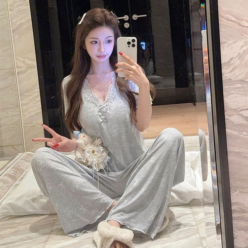 英国RMXJ 莫代尔性感蕾丝睡衣女夏慵懒感甜美短袖带胸垫家居服