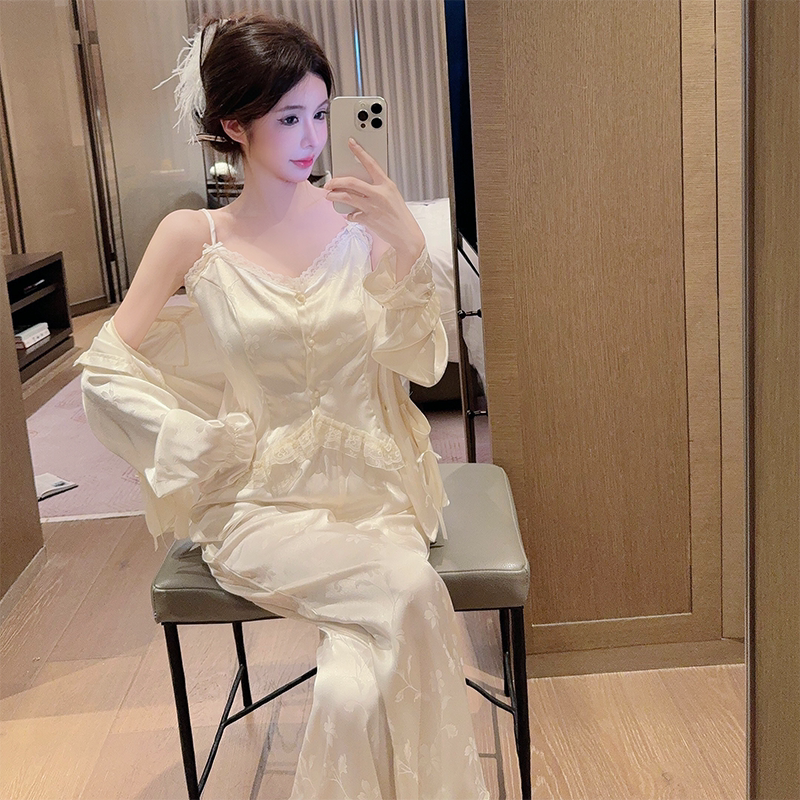 英国RMXJ 蕾丝吊带胸垫睡袍睡衣女春秋性感冰丝家居服三件套装