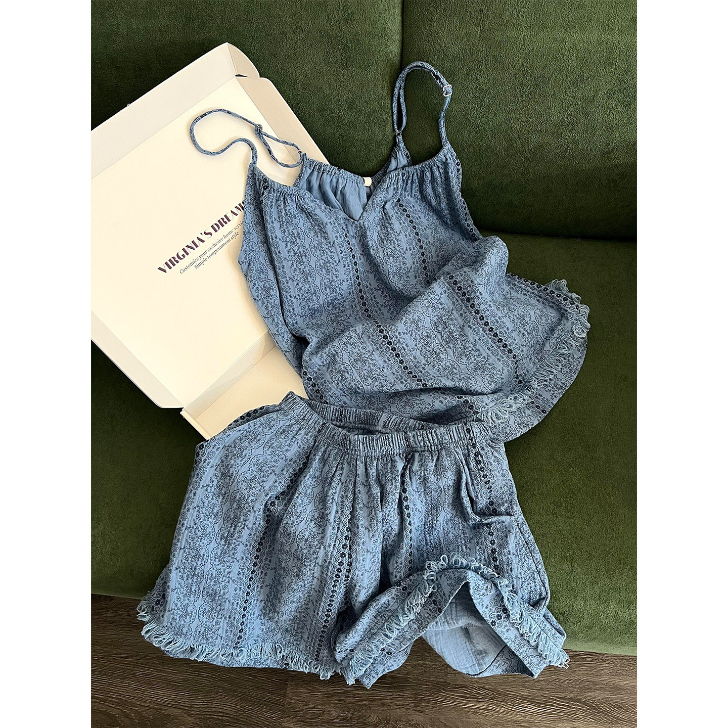 英国RMXJ蓝色棉纱吊带睡衣女夏季舒适亲肤背心短裤家居服套装