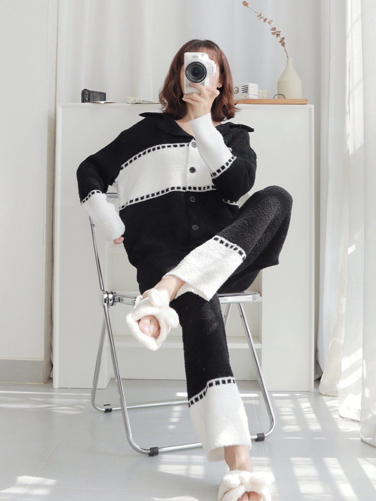 가벼운 럭셔리 사교계 스타일에 반해보세요 스트라이프 스몰 라펠 가디건 산호 벨벳 소프트 플러스 벨벳 홈복 여성용 잠옷