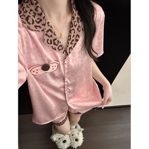 英国RMXJ 法式甜美粉色豹纹酷猫冰丝睡衣女凉感宽松家居服套装