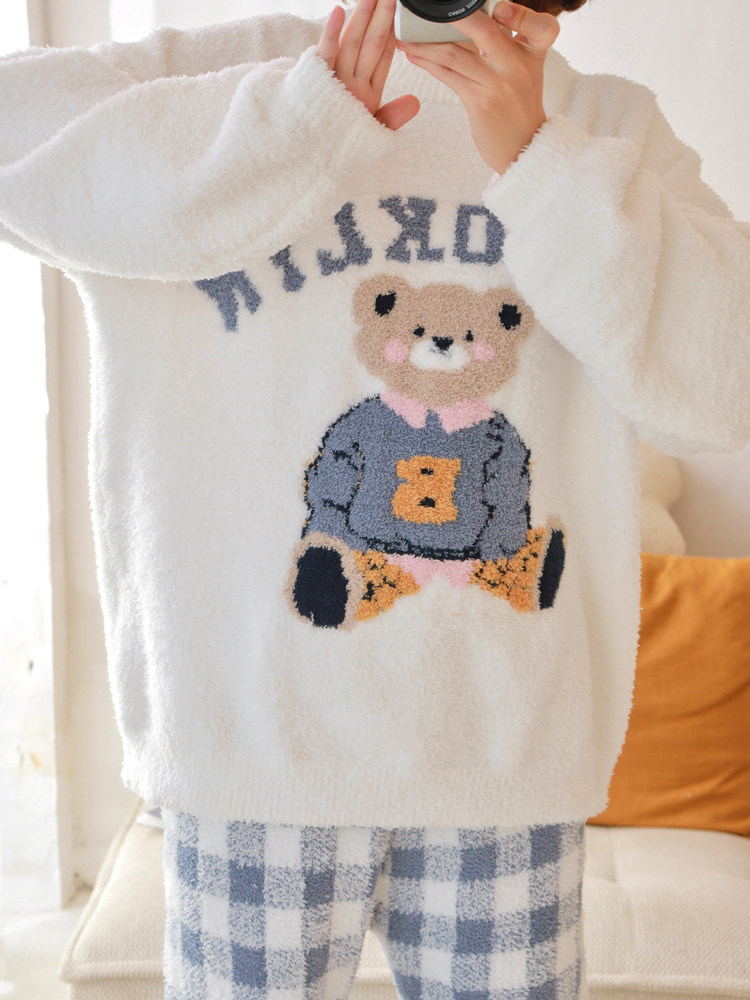 가을 겨울 여성용 바둑판 잠옷 곰 산호 벨벳 두꺼운 겨울 홈웨어 커버
