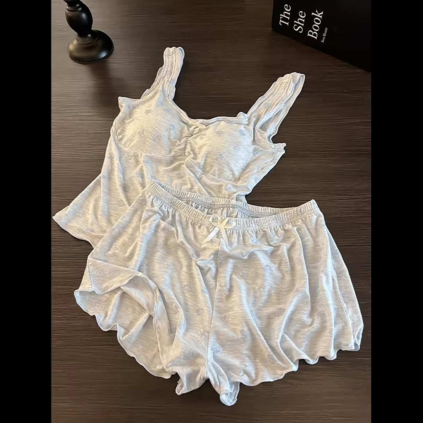 英国RMXJ 韩系甜美爱心印花带胸垫睡衣女夏款吊带短裤家居服套装