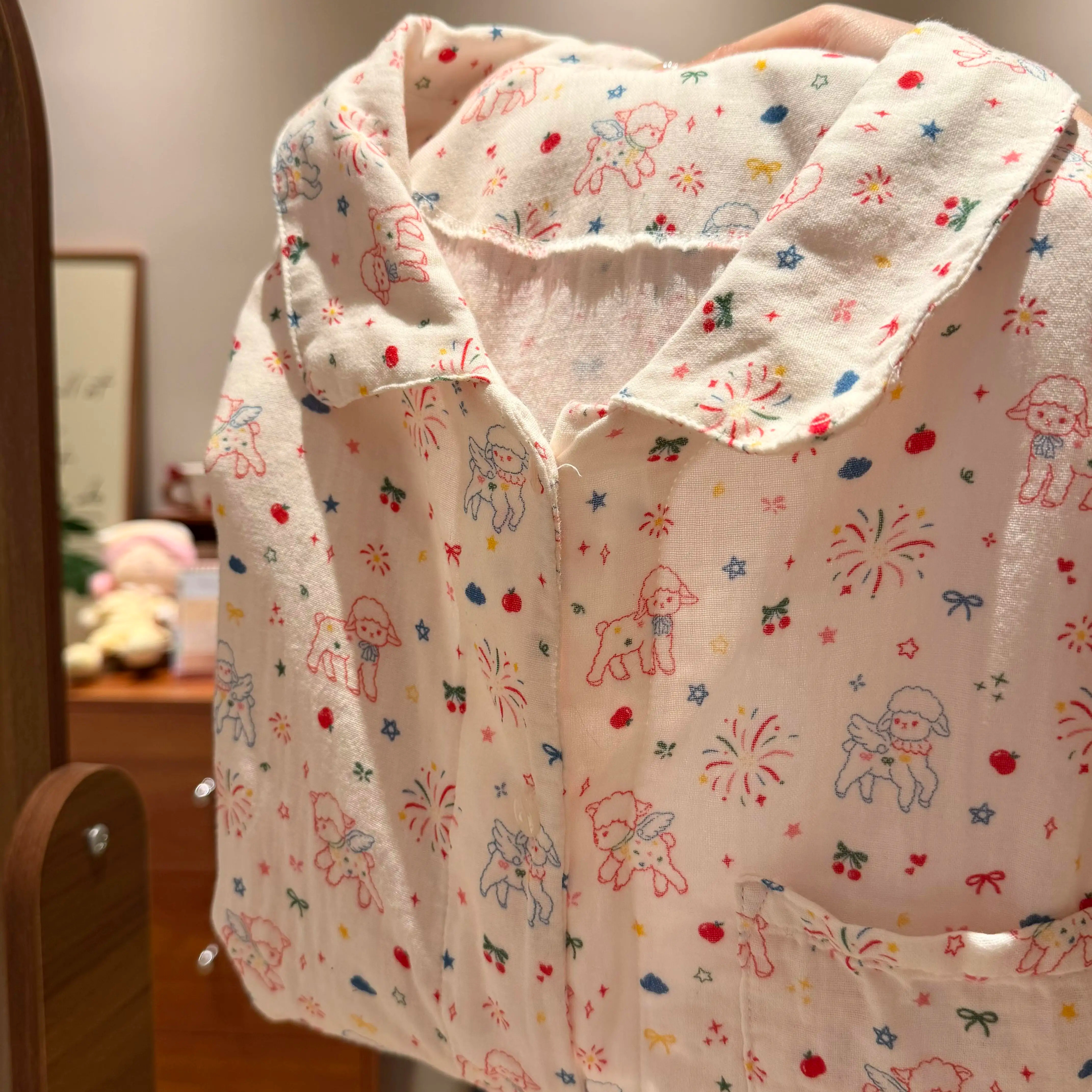 英国RMXJ韩系软妹小羊烟花印花睡衣女2026春秋新款家居服套装