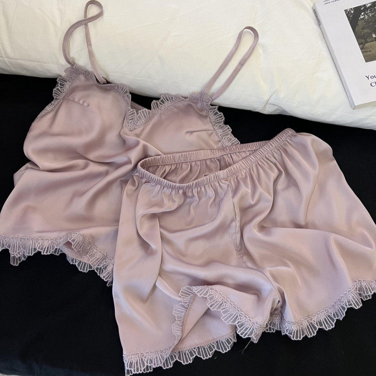 英国RMXJ 纯欲风紫色蕾丝边吊带睡衣女夏性感冰丝短裤居家服套装
