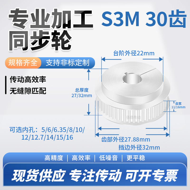 同步轮夹持报紧S3M30齿宽11/16内孔563810铝微型调节导向同步带轮