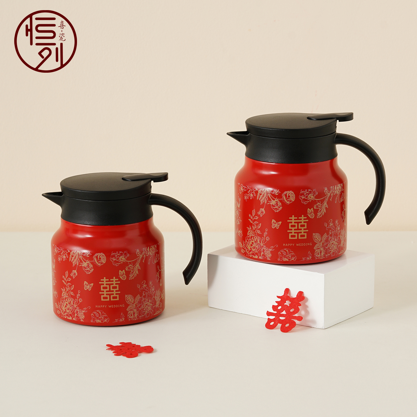 结婚红色不锈钢保温壶一对