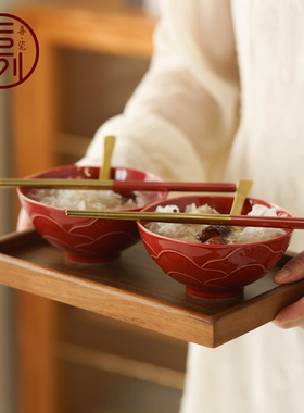 恒列结婚喜碗筷勺一对礼盒套装新婚女方陪嫁婚礼红色陶瓷对喜碗筷