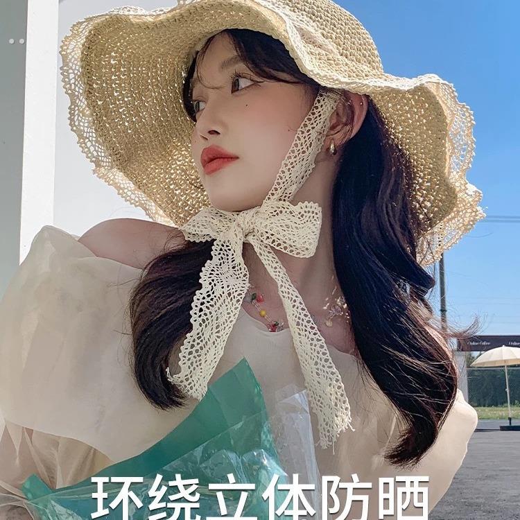 草帽女2025新款夏季镂空草编帽出游防晒帽子沙滩海边大帽檐遮阳帽