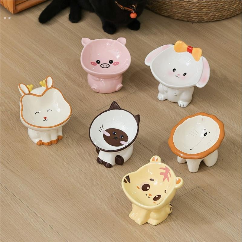 猫碗可爱动物系列陶瓷宠物喝水碗高脚护颈猫碗防黑下巴猫粮碗狗碗