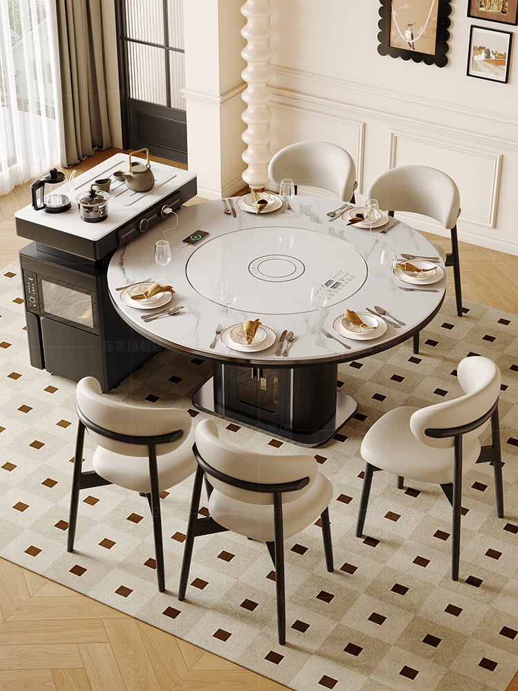 中家智能岛式餐桌集成家居法式覆古实木可移动伸缩圆桌带暖盘转盘