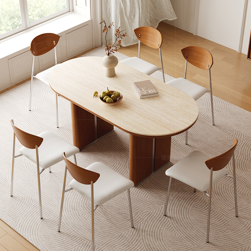 座家洞石岩板复古风椭圆实木餐桌