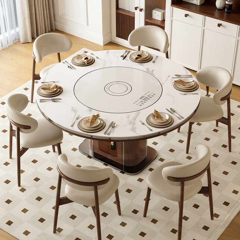 政府补贴座家岩板餐桌家用法式复古风带智能转盘实木方圆伸缩桌子,住宅家具,岩板餐桌,淘宝优惠券,粉丝福利购,淘宝优惠卷