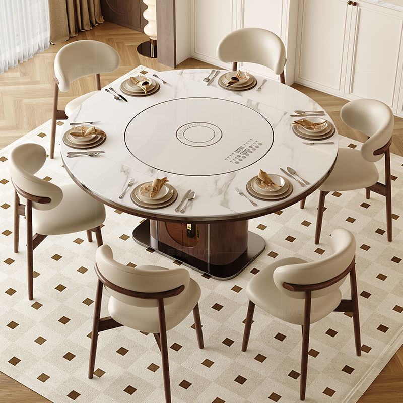 座家岩板餐桌家用轻法式覆古智能转盘电磁炉一体实木可方变圆饭桌