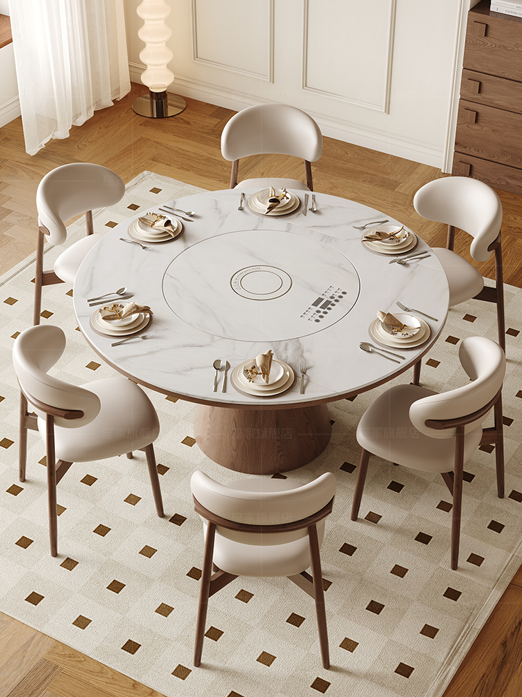 座家岩板餐桌家用法式覆古风可折叠带暖菜电磁炉一体可方变圆饭桌