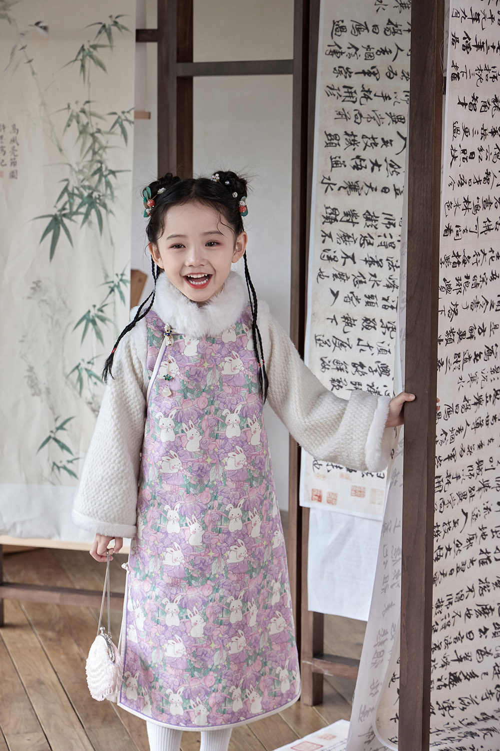 限时赏味原创旗袍儿童复古花儿兔兔羊毛毛呢假两件长旗袍春节年衣