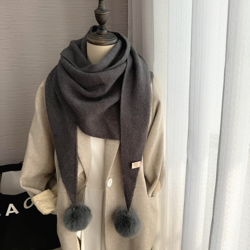 披肩温柔风仿兔毛可拆卸球球针织纯色三角围巾日系减龄保暖围脖冬