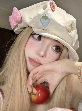 甜美蝴蝶结草莓八角贝雷帽女夏季薄款小众设计显脸小云朵画家帽子