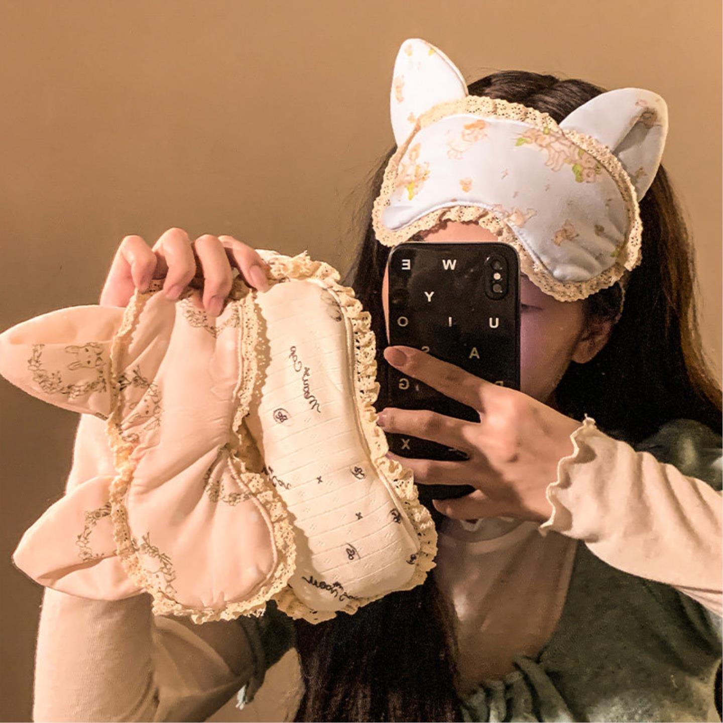 可爱猫耳少女感日系花边眼罩遮光睡眠专用办公室午休发带头饰学生