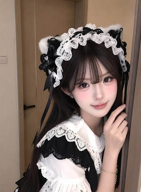 黑白猫耳朵发带lalita猫娘兽耳发夹cos万圣节可爱洛丽塔女仆头饰
