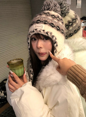 费尔岛复古针织帽子女冬季保暖套头包头帽显脸小护耳可爱毛线帽女