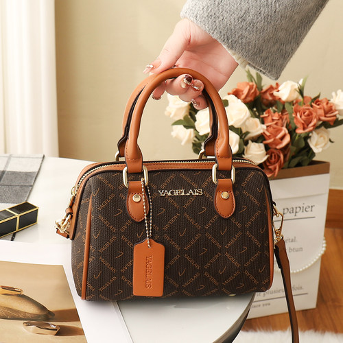 复古撞色印花波士顿手提包