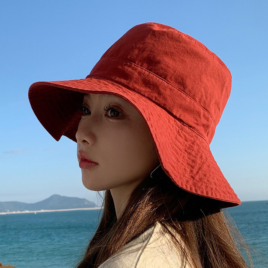 渔夫帽女双面戴纯色韩版户外遮阳防晒海边度假平顶盆帽显脸小帽子