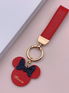 米妮头车钥匙扣手绳女红色精致钥链米奇真皮挂件创意高级挂坠挂饰