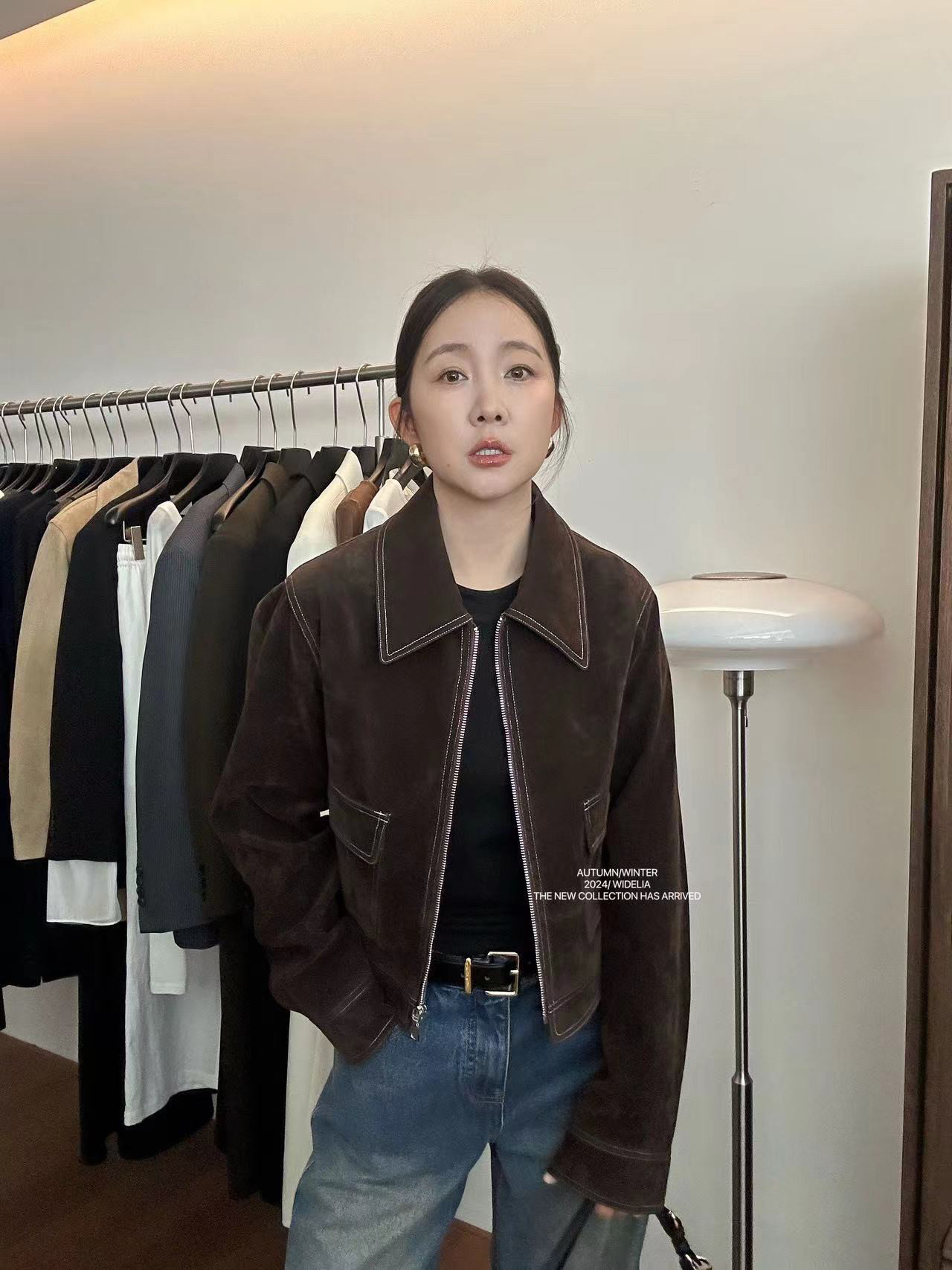 Widelia 女装24秋季咖色夹克外套短款修身翻领复古拉链上衣9136