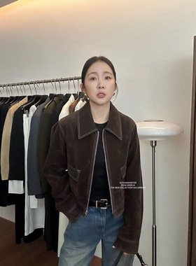 Widelia 女装24秋季咖色夹克外套短款修身翻领复古拉链上衣9136