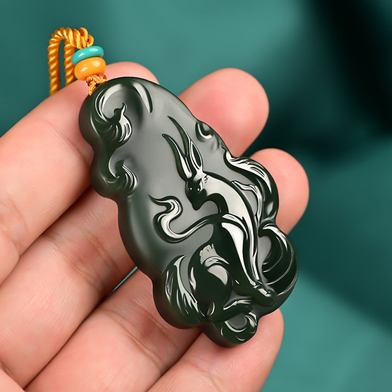 天然和田玉塔青牌子九尾狐吊坠男女款玉石项链玉坠黑羊脂玉佩玉挂