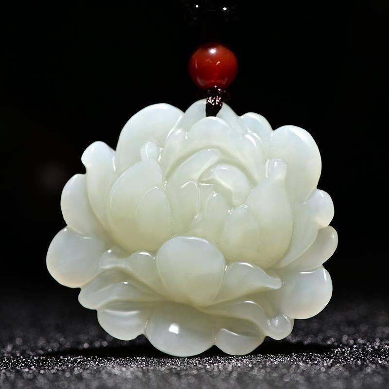 新疆天然和田色吊坠女款玉佩白玉莲花玉石吊坠牡丹花毛衣链项链